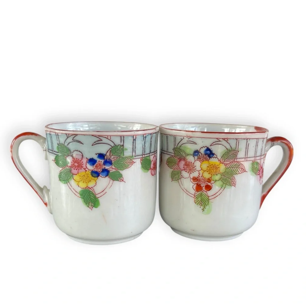 Post War Floral Patterned Porcelain Demitasse Teacup Saucer 5pc. Set